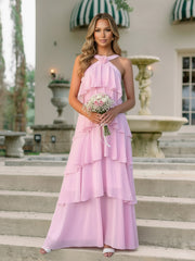 A Line/Princess Halter Floor-Length Prom Dresses with Ruffle Tiered Women Formal Gowns