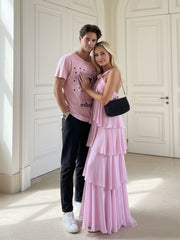 A Line/Princess Halter Floor-Length Prom Dresses with Ruffle Tiered Women Formal Gowns