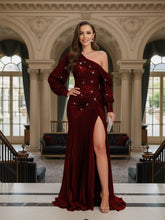 A Line/Princess Long Sleeve Pleated Floor-Length Prom Dresses with Sequin