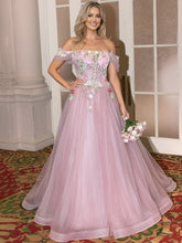 A Line/Princess Cold Shoulder Fairy Prom Dresses with Flowers Fancy Dress