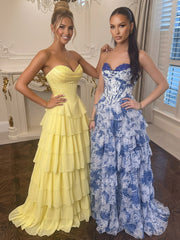 A Line/Princess Tiered Floor-Length Fancy Prom Dresses with Flower Ruffles