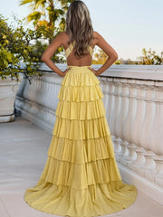 A Line/Princess Halter Tiered Cut-Out Floor-Length Fancy Prom Dresses with Beads