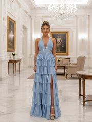 A Line/Princess Halter Tiered Cut-Out Floor-Length Fancy Prom Dresses with Beads