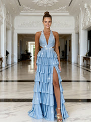 A Line/Princess Halter Tiered Cut-Out Floor-Length Fancy Prom Dresses with Beads