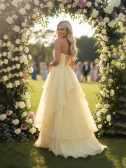 A-Line/Princess Layered Ruffle Sleeveless Floor-Length Fancy Prom Dresses with Slit Women Formal Gowns