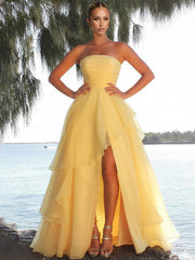 A-Line/Princess Layered Ruffle Sleeveless Floor-Length Fancy Prom Dresses with Slit Women Formal Gowns
