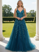 A Line/Princess V Neck Sleeveless Floor-Length Evening Dresses with Lace Appliques