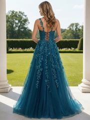 A Line/Princess V Neck Sleeveless Floor-Length Evening Dresses with Lace Appliques
