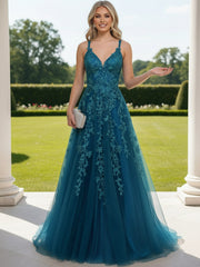 A Line/Princess V Neck Sleeveless Floor-Length Evening Dresses with Lace Appliques