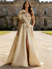 A-Line/Princess Floral One Shoulder Floor-Length Fancy Evening Dresses with Bow