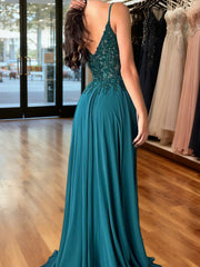 A-Line/Princess Lace Applique V-Neck Spaghetti Strap Floor-Length Prom Dresses with Slit