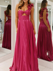 A-Line/Princess One Shoulder Keyhole Metallic Floor-Length Prom Dresses with Pleats