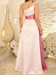 A-Line/Princess One Shoulder Patchwork Satin Long Formal Dresses with Pockets