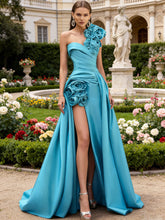 A-Line/Princess One Shoulder High Split Pleated Satin Prom Dresses with Flowers