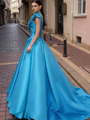A-Line/Princess One Shoulder High Split Pleated Satin Prom Dresses with Flowers