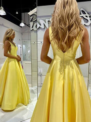 A-Line V-Neck Sleeveless Satin Floor Length Prom Dresses with Pockets