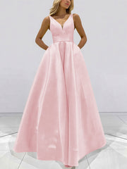 A-Line V-Neck Sleeveless Satin Floor Length Prom Dresses with Pockets