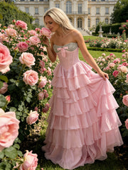 A-Line Sweetheart Corset Empire Waist Tiered Ruffle Long Prom Dresses with Bow