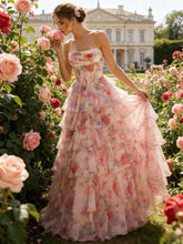 A-Line Cowl Neck Corset Tiered Ruffle Long Prom Dresses with Floral Chiffon