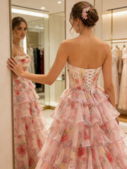 A-Line Cowl Neck Corset Tiered Ruffle Long Prom Dresses with Floral Chiffon