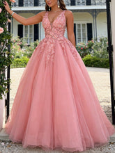 3D Floral Lace Applique V-Neck Long Prom Dresses Tulle A-Line Ball Gown