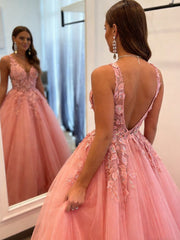 3D Floral Lace Applique V-Neck Long Prom Dresses Tulle A-Line Ball Gown