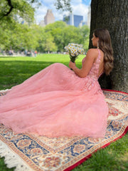 3D Floral Lace Applique V-Neck Long Prom Dresses Tulle A-Line Ball Gown