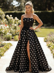 A-Line Strapless Polka Dot Long Evening Dresses with Illusion Lace
