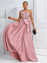 A-Line One Shoulder Floral Long Evening Dress Ball Gowns with Bow
