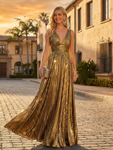 A-Line Pleated Satin V-Neck Empire Waist Floor-Length Formal Evening Dress