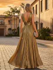 A-Line Pleated Satin V-Neck Empire Waist Floor-Length Formal Evening Dress
