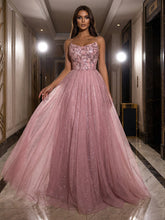 A-Line Sparkly Tulle Spaghetti Strap Corset Floor-Length Evening Dresses