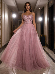 A-Line Sparkly Tulle Spaghetti Strap Corset Floor-Length Evening Dresses