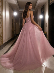 A-Line Sparkly Tulle Spaghetti Strap Corset Floor-Length Evening Dresses