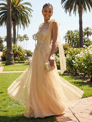 A-Line Sparkly Tulle Corset Floor-Length Prom Dresses with Bow Strap