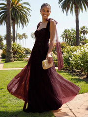 A-Line Sparkly Tulle Corset Floor-Length Prom Dresses with Bow Strap