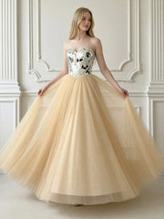 A-Line Sparkly Tulle Sweetheart Corset Floor-Length Prom Dresses