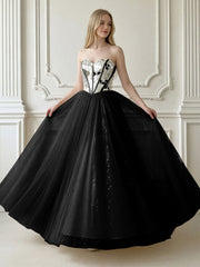 A-Line Sparkly Tulle Sweetheart Corset Floor-Length Prom Dresses
