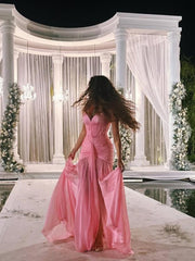 A-Line Strapless Sweetheart Drop Waist Formal Dresses with Pleated Satin