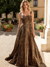 A-Line Spaghetti Strap Sweetheart Corset Long Prom Dresses Leopard Print Ball Gown
