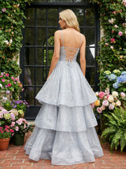 A-Line Glitter Tulle Spaghetti Straps Tiered Ruffles Prom Dresses Ruched Bodice Ball Gowns