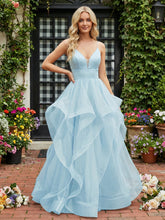 A-Line/Princess Glitter Tulle Tiered Ruffles Spaghetti Straps Prom Dresses