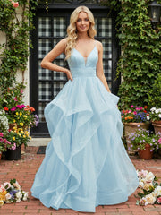 A-Line/Princess Glitter Tulle Tiered Ruffles Spaghetti Straps Prom Dresses