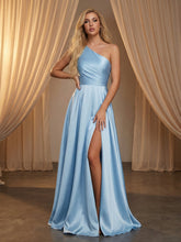A-Line Satin One Shoulder Pleated Prom Dresses with High Side Slit