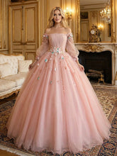 A-Line/Princess Off Shoulder Tulle Long Sheer Sleeves Prom Dresses Maxi Ball Gowns with 3D Floral Appliques