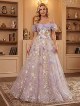 A-Line/Princess Off Shoulder Sweetheart Fairy Tulle Prom Dresses Ruffled Maxi Ball Gowns with 3D Floral Appliques