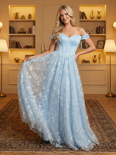 A-Line/Princess Off Shoulder Tulle Corset Lace Embroidery Prom Dresses Maxi Fairy Gowns with Rhinestones