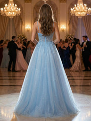A-Line/Princess Glitter Tulle Corset Fairy Prom Dresses Spaghetti Straps Maxi Ball Gowns
