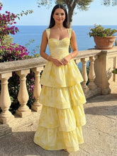 A-Line Cotton Blend Tiered Ruffles Long Prom Dresses Corset Party Gowns with Tie-Dye Pattern