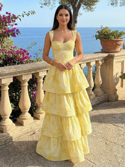A-Line Cotton Blend Tiered Ruffles Long Prom Dresses Corset Party Gowns with Tie-Dye Pattern